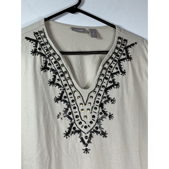 Chicos Beaded Boho India Short Sleeve Knit Top Blouse sz 2 / L (15 - Picture 5 of 8